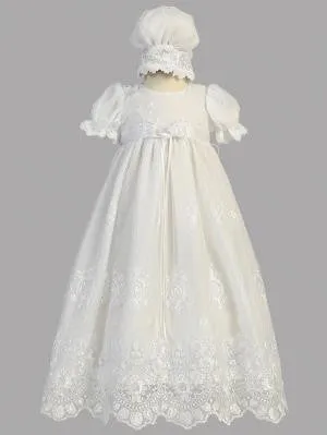 Baby Girls White Embroidered Tulle Gown Bonnet Baptism Set CG-001