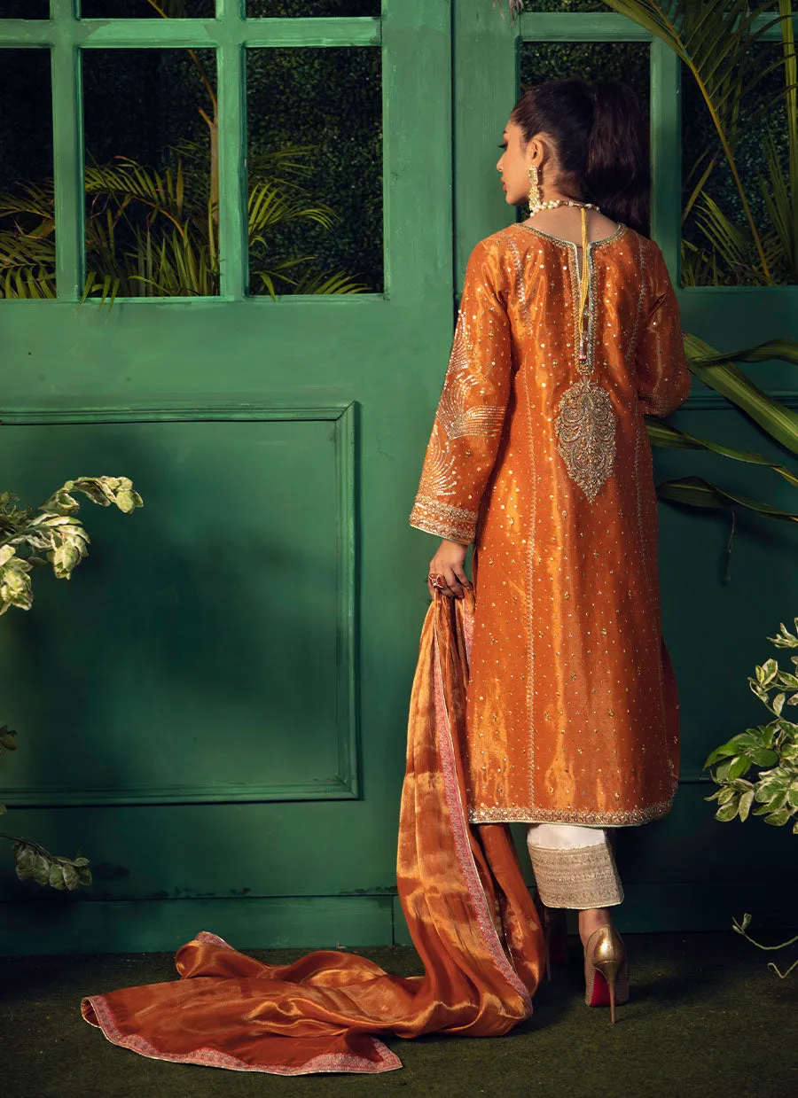 Bahar Burnt Orange Kurta With Pure Tissue Ombre Dupatta