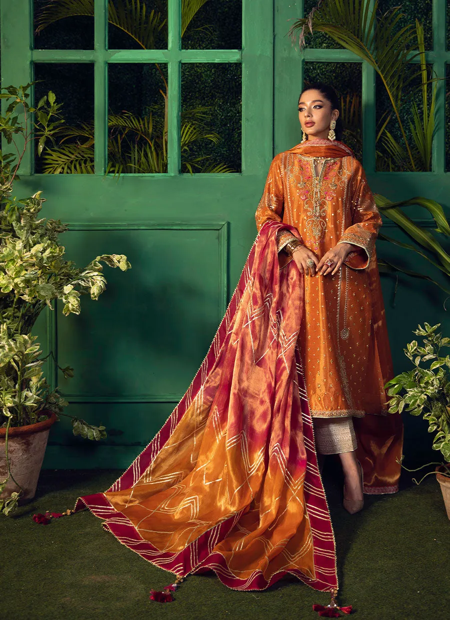 Bahar Burnt Orange Kurta With Pure Tissue Ombre Dupatta