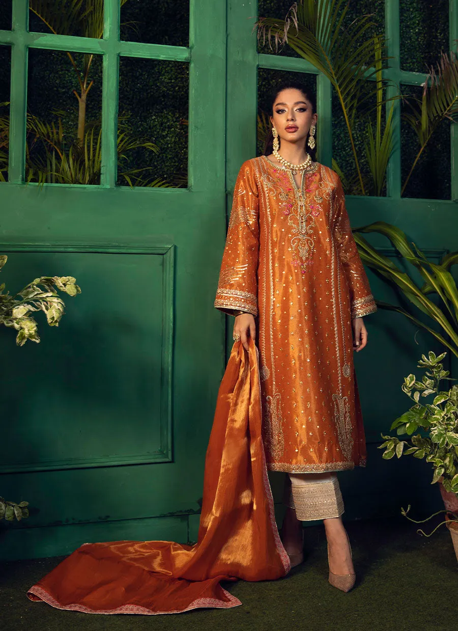 Bahar Burnt Orange Kurta With Pure Tissue Ombre Dupatta