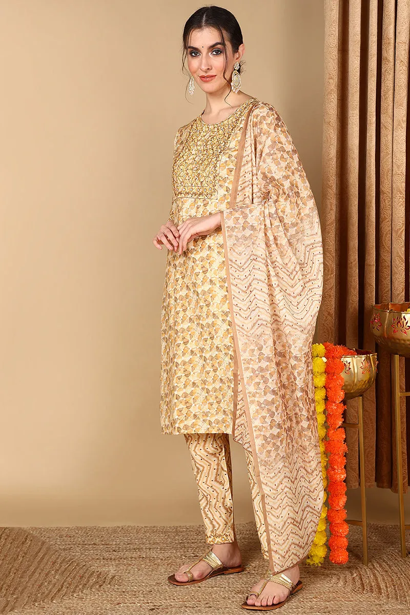 Beige Pure Cotton Geometric Printed Suit Set