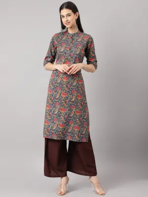 Blue And Red Cotton Katha Work Straight Kurta