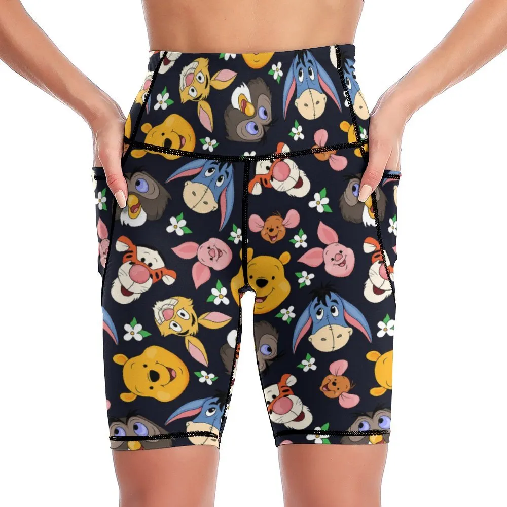 Disney Winnie The Pooh Hundred Acre Wood Friends Women's Knee Length Athletic Yoga Shorts With Pockets