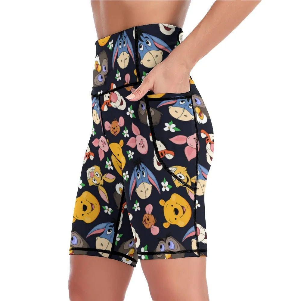 Disney Winnie The Pooh Hundred Acre Wood Friends Women's Knee Length Athletic Yoga Shorts With Pockets