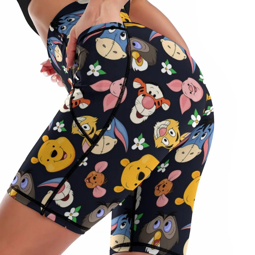 Disney Winnie The Pooh Hundred Acre Wood Friends Women's Knee Length Athletic Yoga Shorts With Pockets