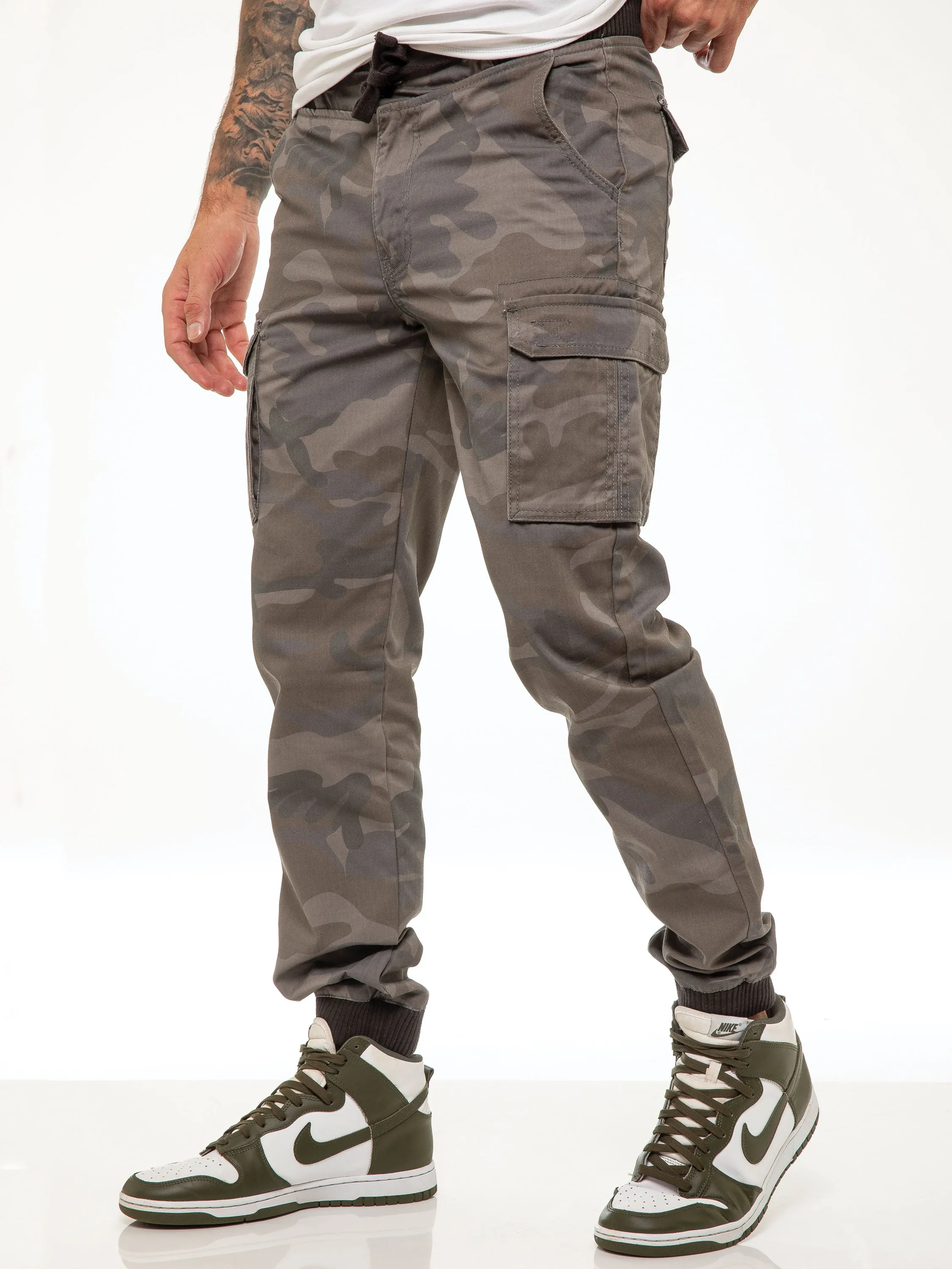 ENZO Mens Military Combat Cuffed Camouflage Jeans