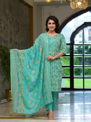 Green Ethnic Motif Printed Cotton Kurta Pant And Dupatta Set With Mirror Work & Sequins