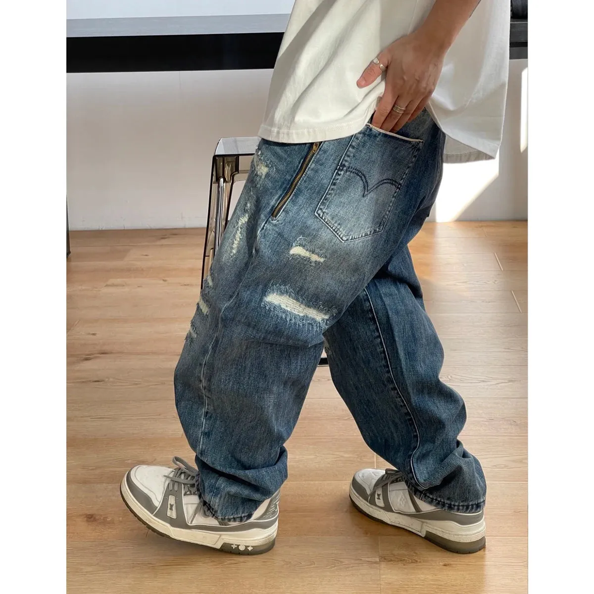 Japanese Streetwear Baggy Jeans For Men Vintage Denim Cargo Pants