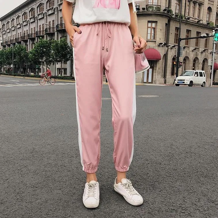 Light Summer Satin Pastel Colours Thick Side Sport Line Elastic Pants