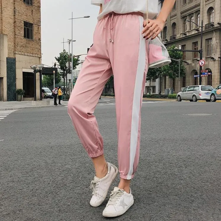 Light Summer Satin Pastel Colours Thick Side Sport Line Elastic Pants