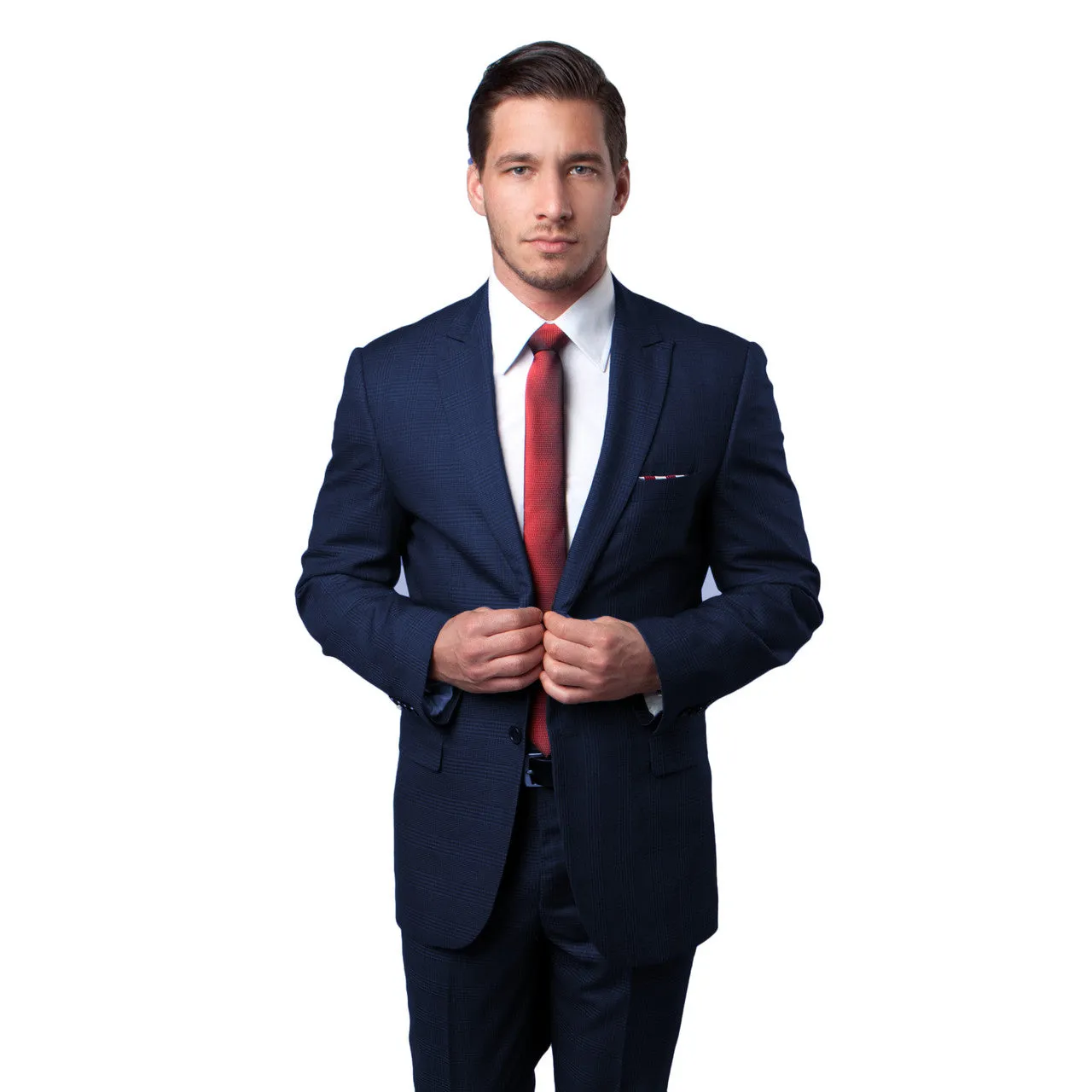 New Navy Blue Tonal Plaid Slim Fit Executive Suit by Tazio