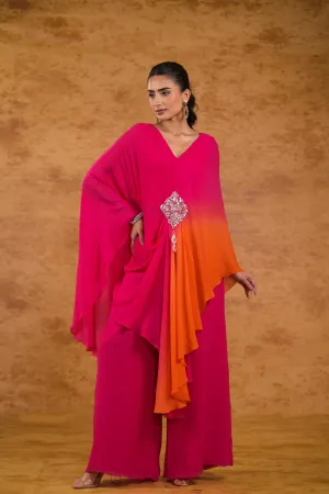 Pink Ombre-Dyed Georgette Silk Kaftan Set