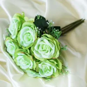 Rose & Baby Breath Assorted Bridal Bouquet Artificial Silk Flowers - Lime Green