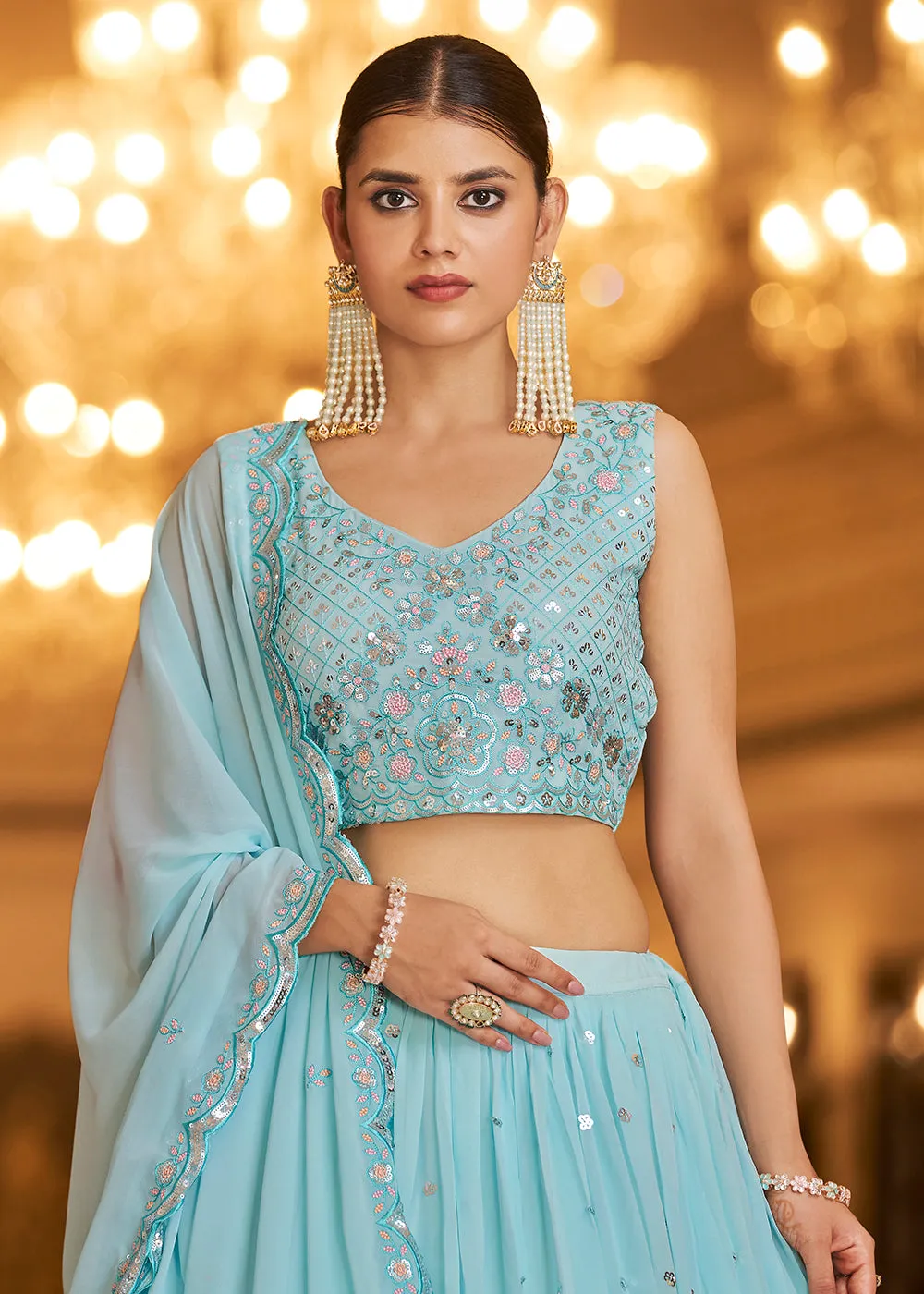 Wedding Reception Excellent Sky Blue Trendy Lehenga Choli