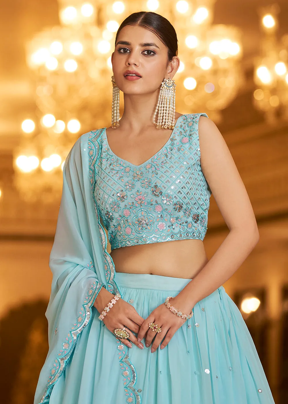 Wedding Reception Excellent Sky Blue Trendy Lehenga Choli