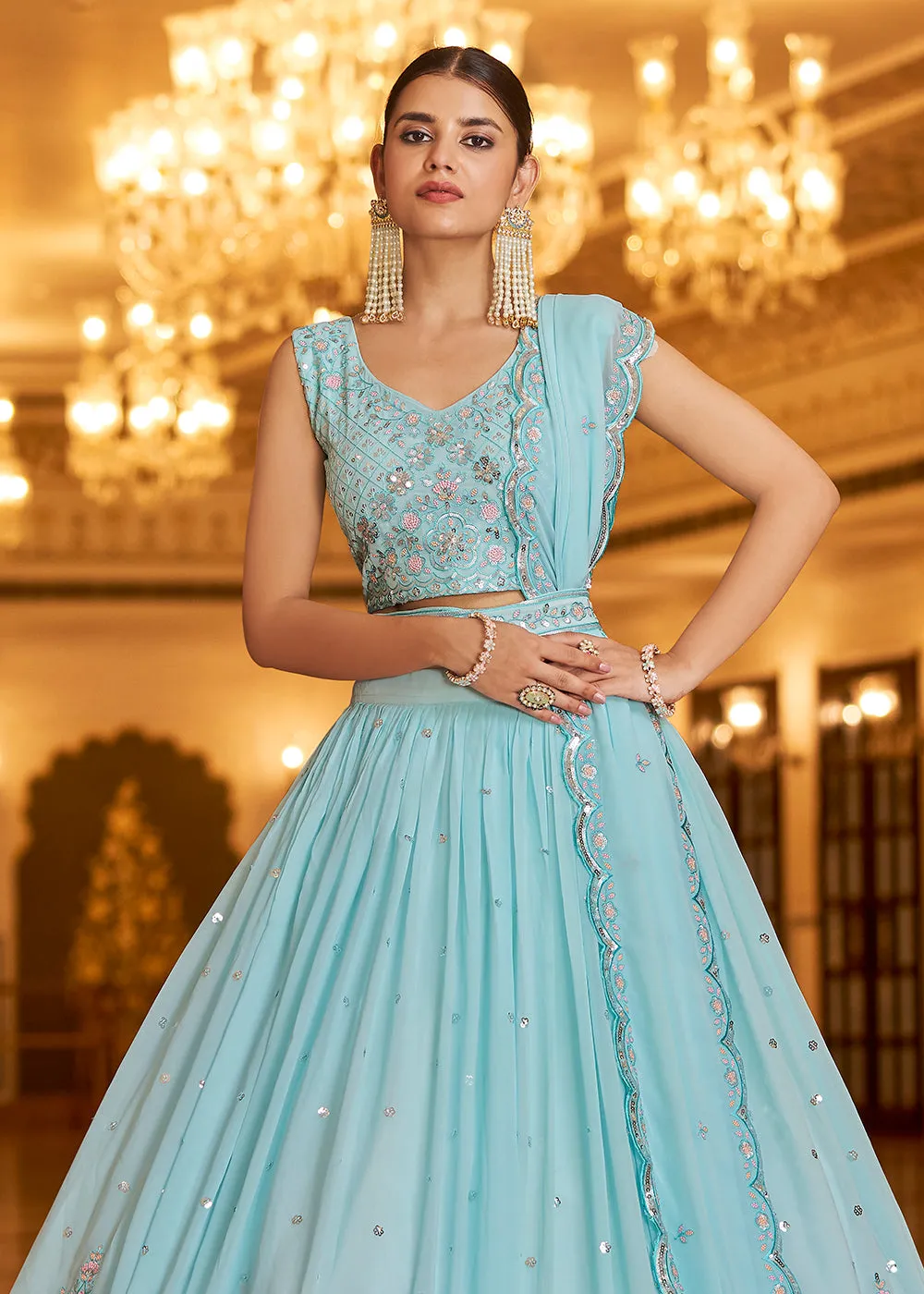 Wedding Reception Excellent Sky Blue Trendy Lehenga Choli